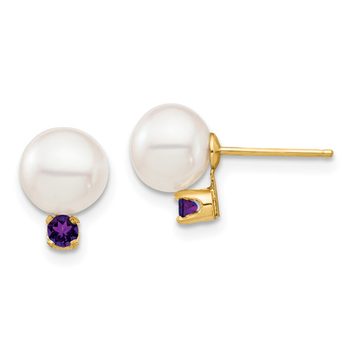 14K 7-7.5mm White Round Freshwater Cultured Pearl Amethyst Post Earrings