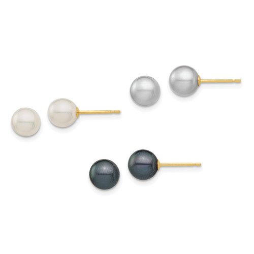14k 6-6.5mm White/Grey/Black Round FWC Pearl 3 pair Stud Post Earrings Set