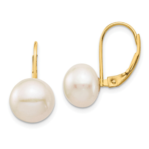 14K 9-10mm White Button Freshwater Cultured Pearl Leverback Earrings