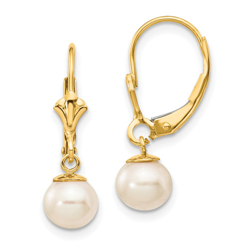14K 6-7mm White Round Freshwater Cultured Pearl Leverback Earrings