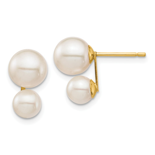 14K 5 and 7mm White Round FW Cultured Double Pearl Post Earrings