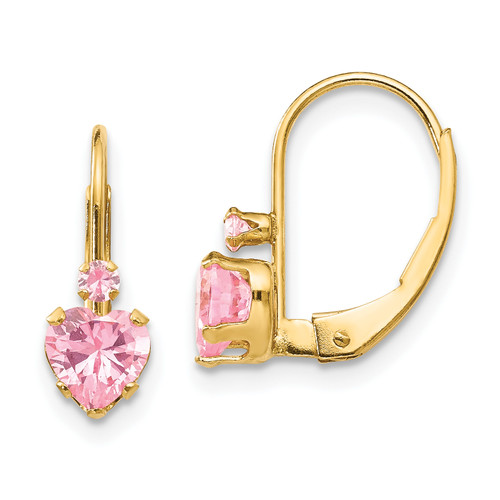 14k Madi K Pink Cubic Zirconia Heart Leverback Earrings