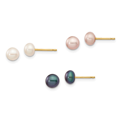 14K 5-6mm Button Freshwater Cultured Pearl Boxed 3 pair Post Earrings Set