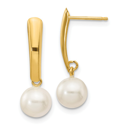 14K 6-7mm White Round Freshwater Cultured Pearl Dangle Post Earrings