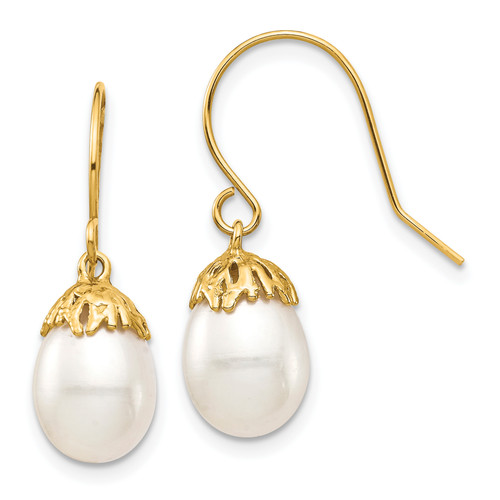 14K 7-8mm White Rice Freshwater Cultured Pearl Dangle Earrings