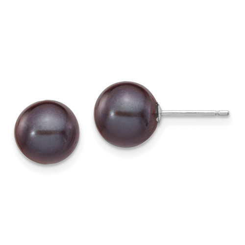 14k White Gold 8-9mm Black Round FW Cultured Pearl Stud Post Earrings