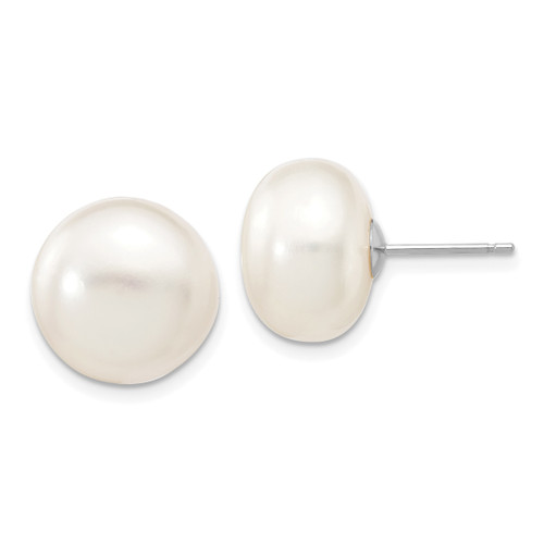 14k White Gold 12-13mm White Button FW Cultured Pearl Stud Post Earrings