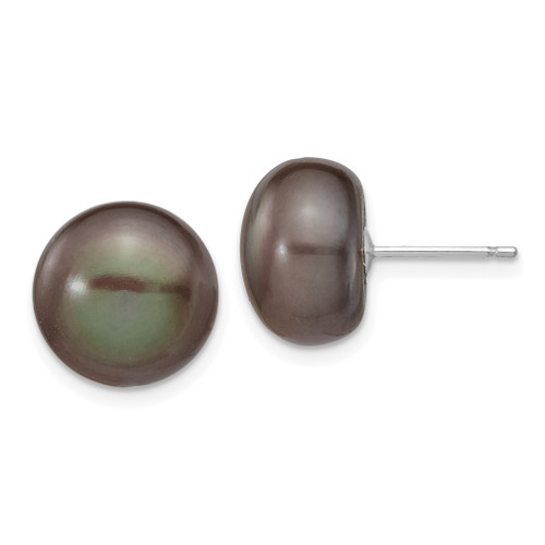 14k White Gold 11-12mm Black Button FW Cultured Pearl Stud Post Earrings