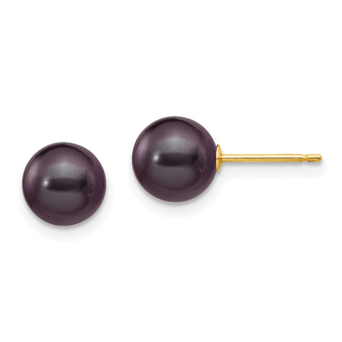 14k 7-8mm Black Round Freshwater Cultured Pearl Stud Post Earrings