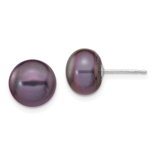 14k White Gold 9-10mm Black Button FW Cultured Pearl Stud Post Earrings