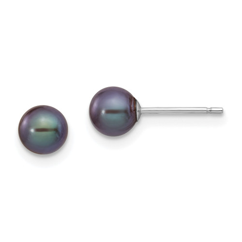 14k White Gold 5-6mm Black Round FW Cultured Pearl Stud Post Earrings