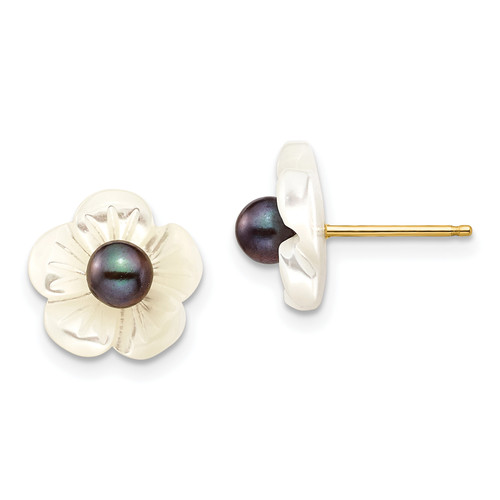 14k 3-4mm Black FW Cultured Pearl with 10 mm MOP Flower Post Earrings