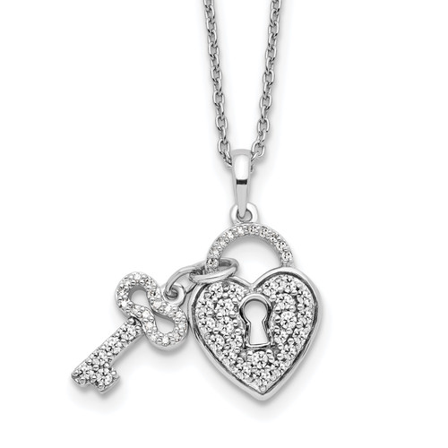14K White Lab Grown Diamond Heart Lock and Key Pendant Necklace