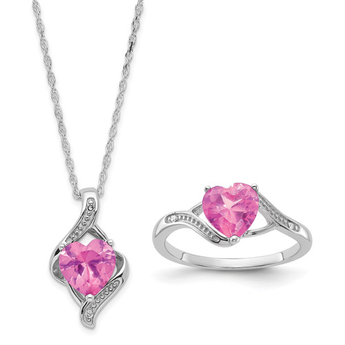 Sterling Silver Diamond and Created Pink Sapphire Heart Ring and Necklace Set
