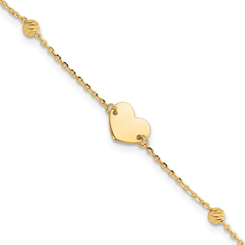 14K Polished and Diamond-cut Heart and Beads Plus 1in ext. Bracelet