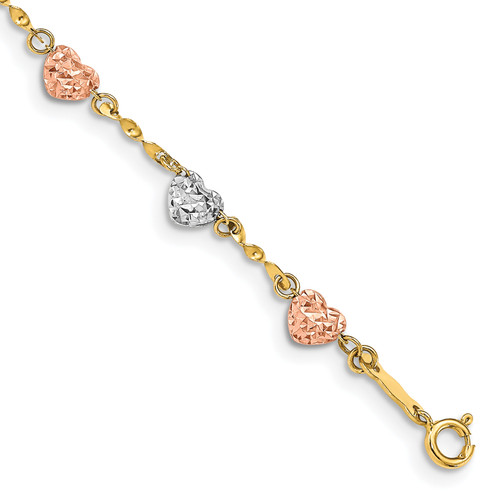 14k Tri-color Diamond-cut Puff Heart Bracelet