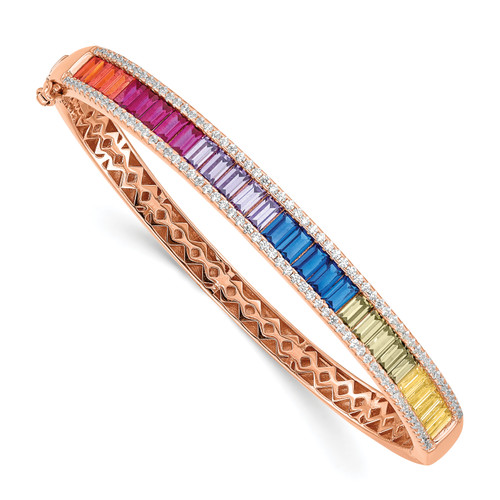 Prizma Sterling Silver Rose-tone 14K Flash Rose Gold-plated White and Colorful Baguette CZ Hinged Bangle
