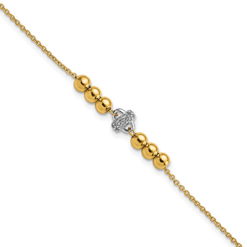 14K Two-tone Polished Beads and CZ with .75 in ext. Bracelet