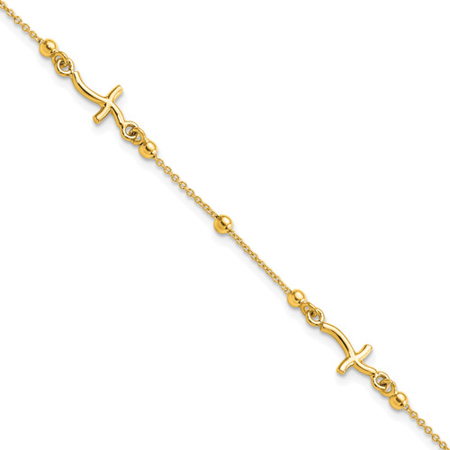 14K Yellow Polished with Cross and Beads Bracelet
