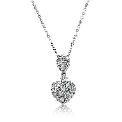 14K White Gold Halo Drop Heart Diamond Necklace 0.90 ctw