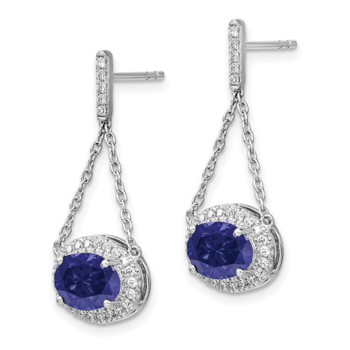 14k White Gold Oval Created Sapphire and Diamond Dangle Earrings