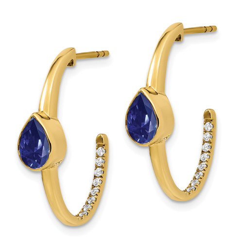 14k Pear Created Sapphire and Diamond J-Hoop Earrings