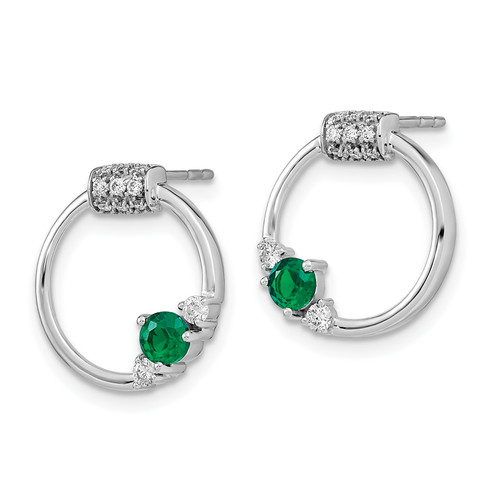 14k White Gold Diamond and Emerald Circle Post Earrings