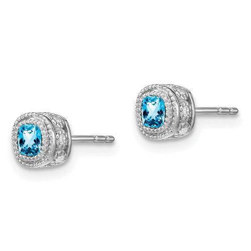 14K White Gold Cushion Blue Topaz and Diamond Earrings