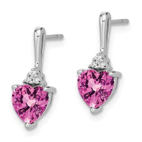 14k White Gold Created Pink Sapphire and Diamond Heart Earrings