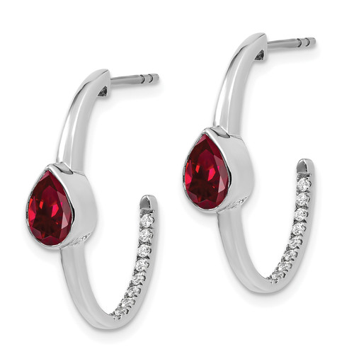 14k White Gold Pear Created Ruby and Diamond J-Hoop Earrings