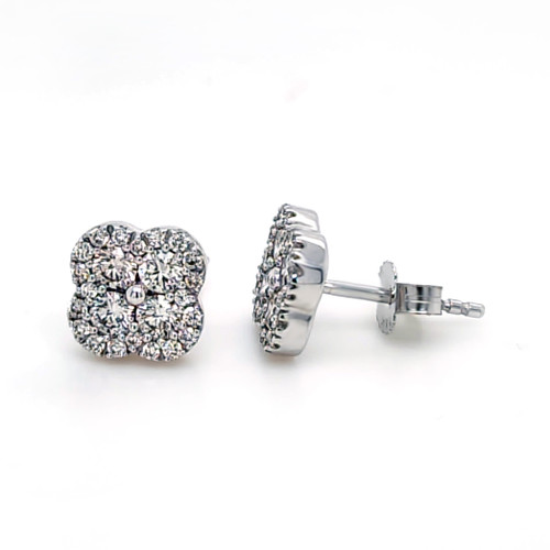 Diamond Cluster Clover Stud Earrings in 14K White Gold  0.85 CTW