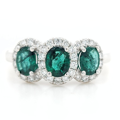 14KT White Gold Three Stone Emerald & Diamond Halo Ring 1.65 CTW