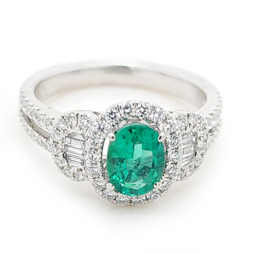 14KT White Gold Diamond  & Emerald Halo Ring 1.85 CTW