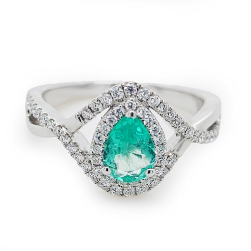 14KT White Gold Diamond  & Pear Shape Emerald Halo Ring 1.10 CTW