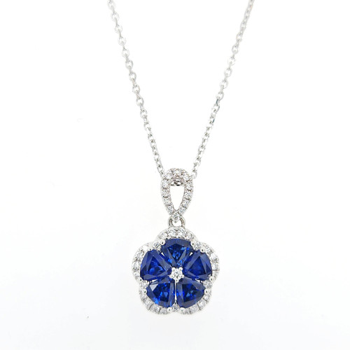 Sapphire & Diamond Flower Halo Necklace in 18K White Gold 2.60 CTW