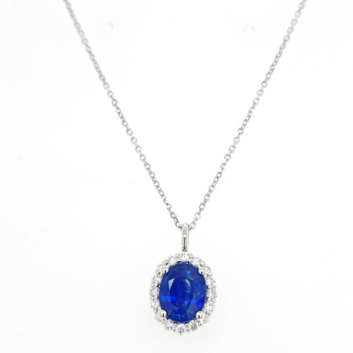 Sapphire & Diamond Oval Halo Necklace in 18K White Gold 2.65 CTW