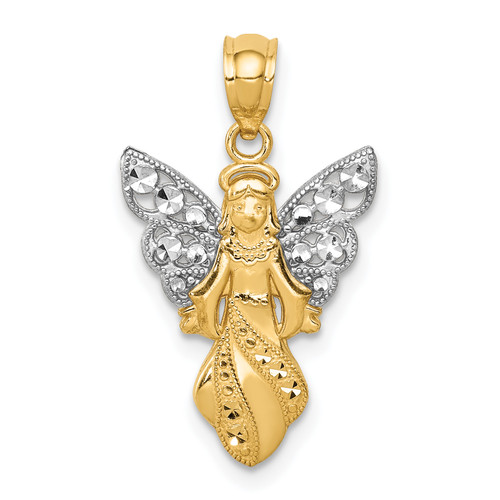 14KT Gold  with Rhodium Polished / Textured Angel Pendant