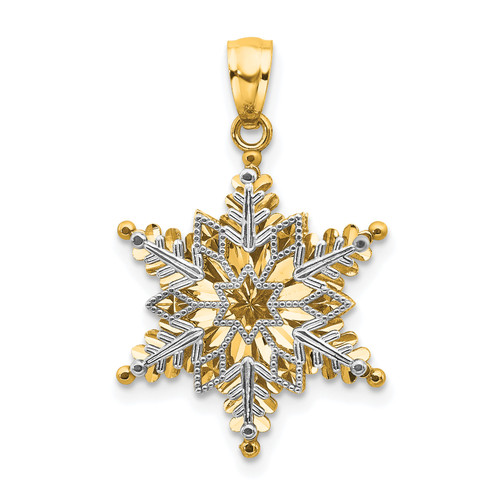 14KT Gold  Two-tone Polished and Textured 2 Level Snowflake Pendant