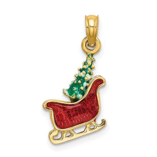 14KT Gold  3-D Enamel Sleigh with Christmas Tree Charm