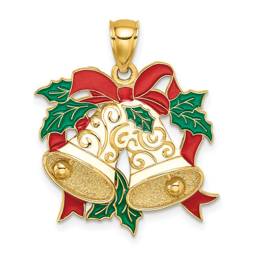 14KT Gold  Enamel Holiday Bells and Holly Charm
