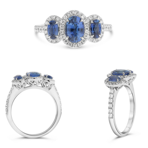 Three Stone Sapphire and Diamond Halo Ring in 14KT Gold KR2609WSP