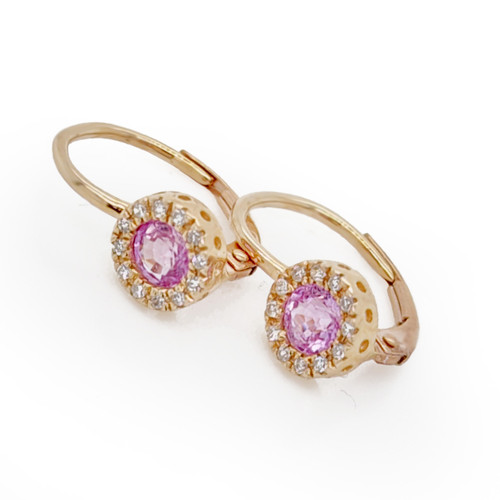 14k Yellow Gold Diamond and Pink Sapphire Huggie Earrings 0.95 CTW