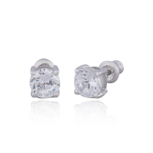Sterling Silver  "Glamorous" Rhodium Plated 6Mm Cubic Zirconia Stud Earring