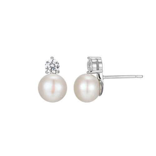 Sterling Silver  "Majestic" Rhodium Plated Genuine Fresh Water Pearl And Cubic Zirconia Post Earring