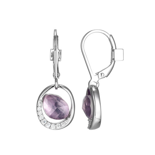 Sterling Silver  Elle "Treasure"  Rhodium Plated Doublet, Genuine Amethyst With Clear Cubic Zirconia Leverback Drop Earring