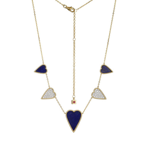 Sterling Silver  Elle "Long Love" Yellow Gold And Rhodium Plated Genuine Lapis  And Cubic Zirconia Frontal Necklace 17"+3"