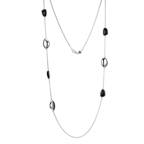 Sterling Silver  Elle "Pebble"Rhodium Plated Black Agate Station Necklace On A Rolo Chain 36"