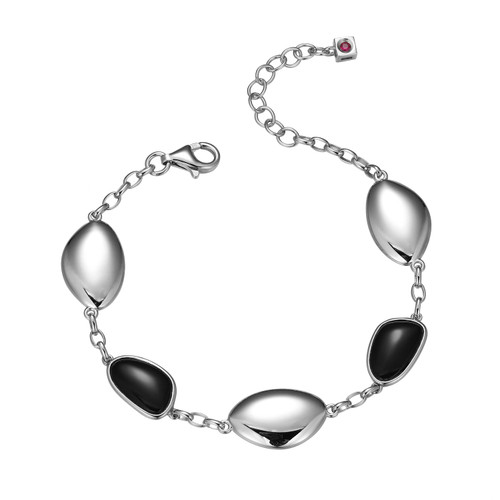 Sterling Silver  Elle "Pebble" Rhodium Plated Black Agate Station Bracelet Cable Chain 6.75"+1.25"