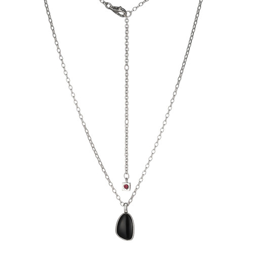 Sterling Silver  Elle "Pebble" Rhodium Plated Black Agate Pendant On Rolo Chain 17"+3"