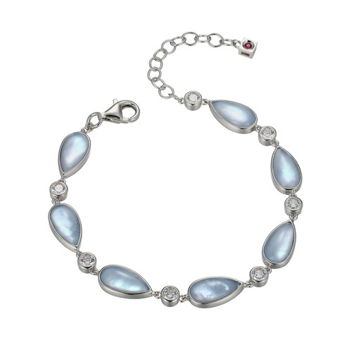Sterling Silver  Elle "Ethereal Drops" Rhodium Plated Synthetic Blue Topaz And White Mother Of Pearl  Doublet With Cubic Zirconia Bracelet 6.5"+1.5"